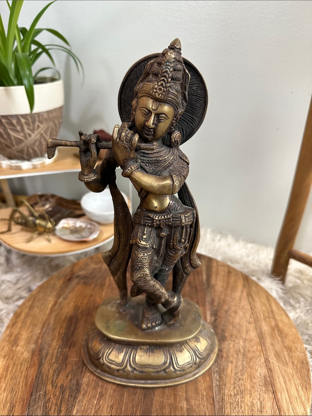 Antiqued Gold Bronze Tone Krishna Playing The Flute Cast Metal‎ Statue Hinduism